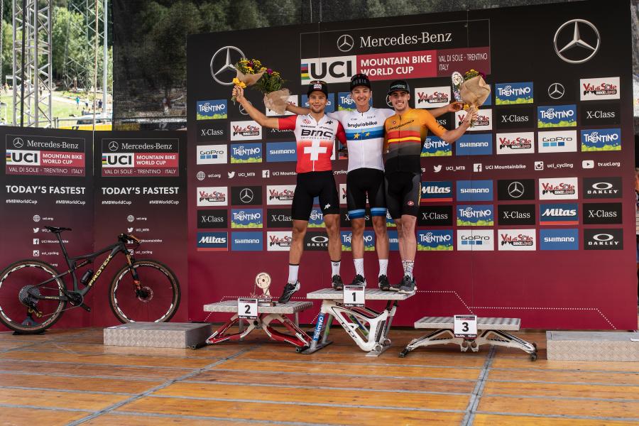 Italy - Val di Sole, 04.08.2019 UCI MTB WORLD CUP (U23) Ceremony: Filippo Colombo (silver medal)